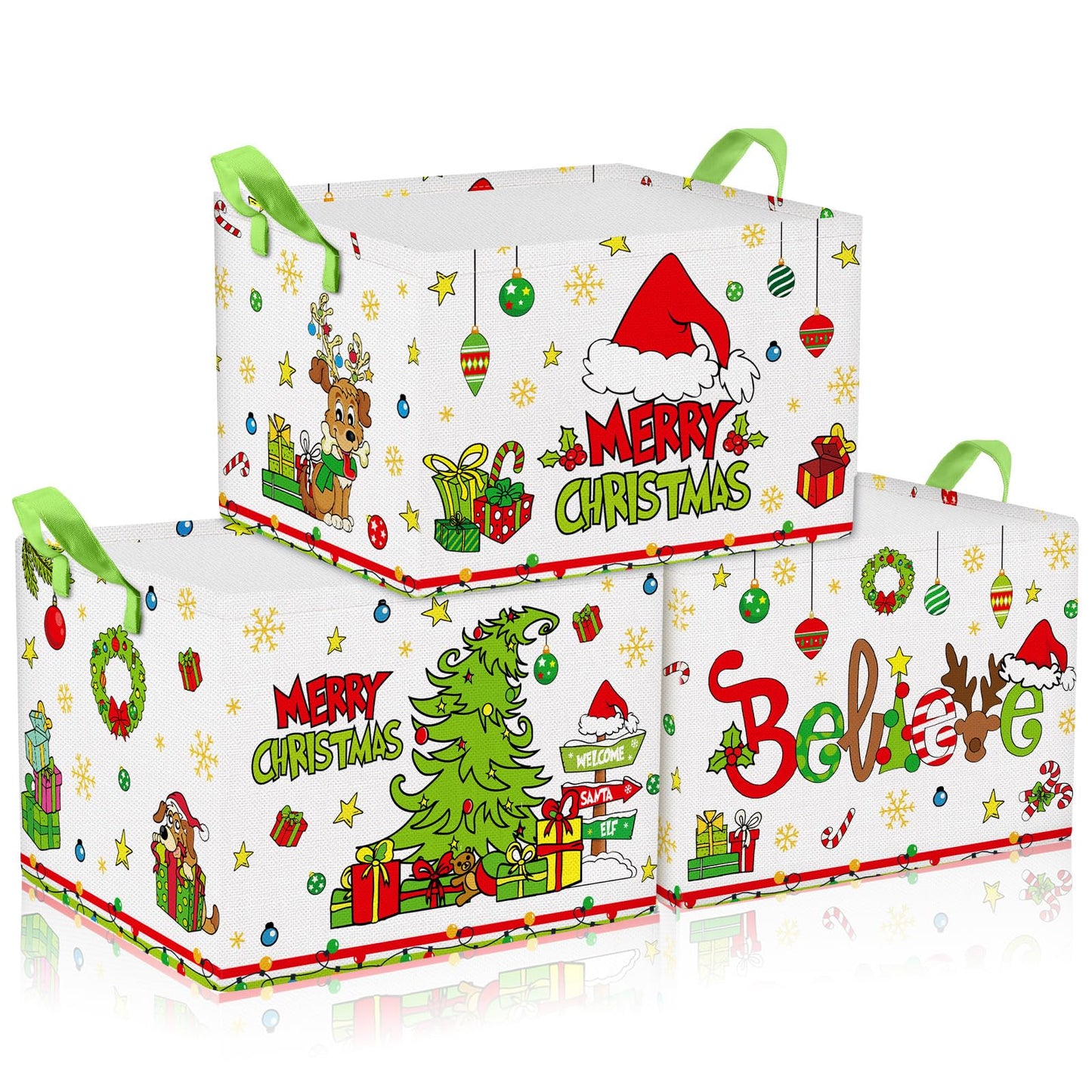 Beeveer 3 Pcs Foldable Christmas Storage Bins with Handle Green Tree Shelf Baskets Fabric Xmas Tree Storage Cube Box for Home Bedroom Office Organizing Closet Gift Baskets