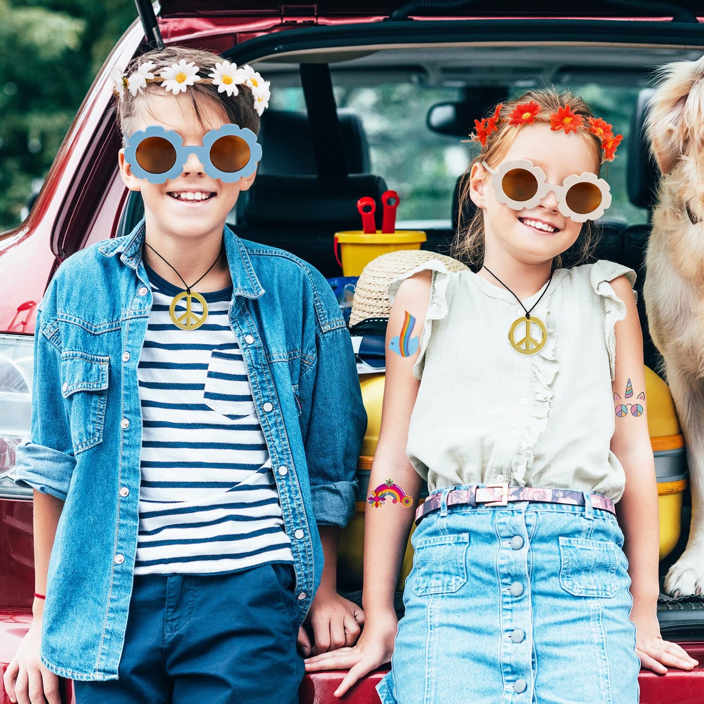 Whaline 77Pcs Groovy Hippie Party Accessories Daisy Flower Headbands Hippie Round Flower Glasses Peace Sign Necklace Temporary Tattoos for Retro Boho Costume Accessories Kids 60s 70s Party Gifts