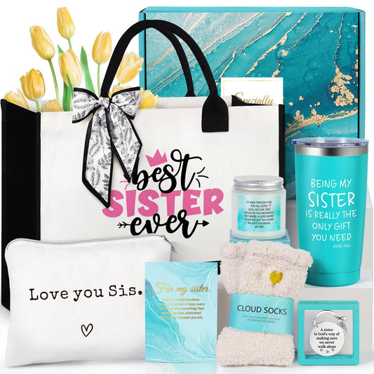 Suhctuptx Sisters Gifts from Sister, Sister Birthday Gifts, Christmas Gift Best Sis Ever Basket Funny Cool Love You Sis Unique Presents Ideas with Canvas Tote Bag for Adult Sisters in Law