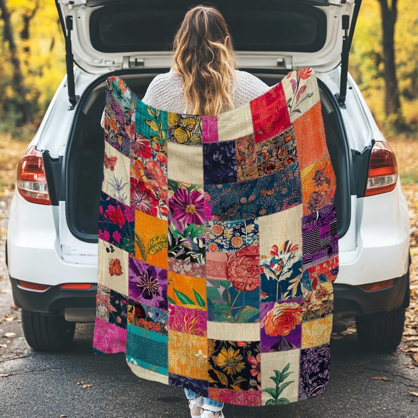 FexNuvko Printed Faux Patchwork Inspired Throw Blanket | Faux Quilt and Kantha Look | Lightweight Floral Fleece for All Seasons | Gifts for Women and Men | Home Decor for Couch and Bed | 50x60 Inches