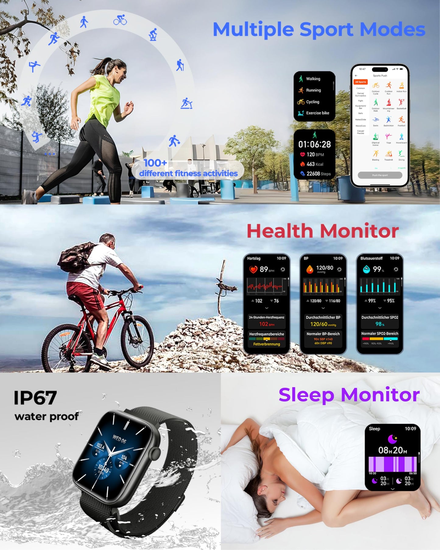 Smart Watch for Men/Women, 1.85" AMOLED Touchscreen, Make/Answer Calls, Fitness Tracker with Heart Rate, Blood Oxygen, Sport Modes, Waterproof Watches Compatible with Android & iPhone(4 Watch Bands)