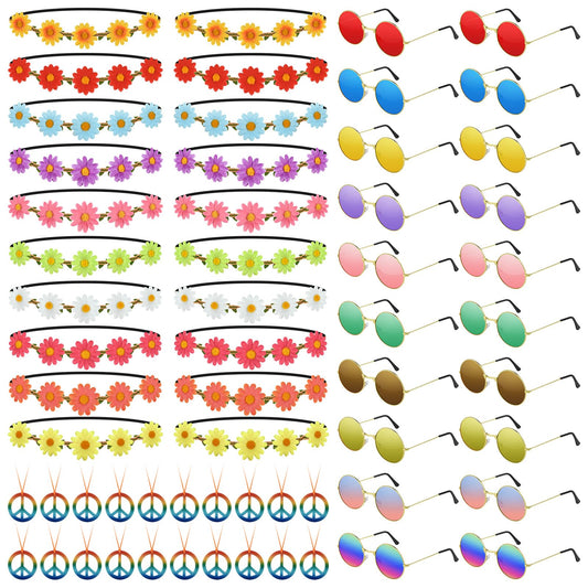 NEBURORA 60 Pieces Hippie Costume Accessory Set Multicolor Sunglasses Daisy Flower Headband Rainbow Peace Sign Necklaces for Hippie Party Supplies
