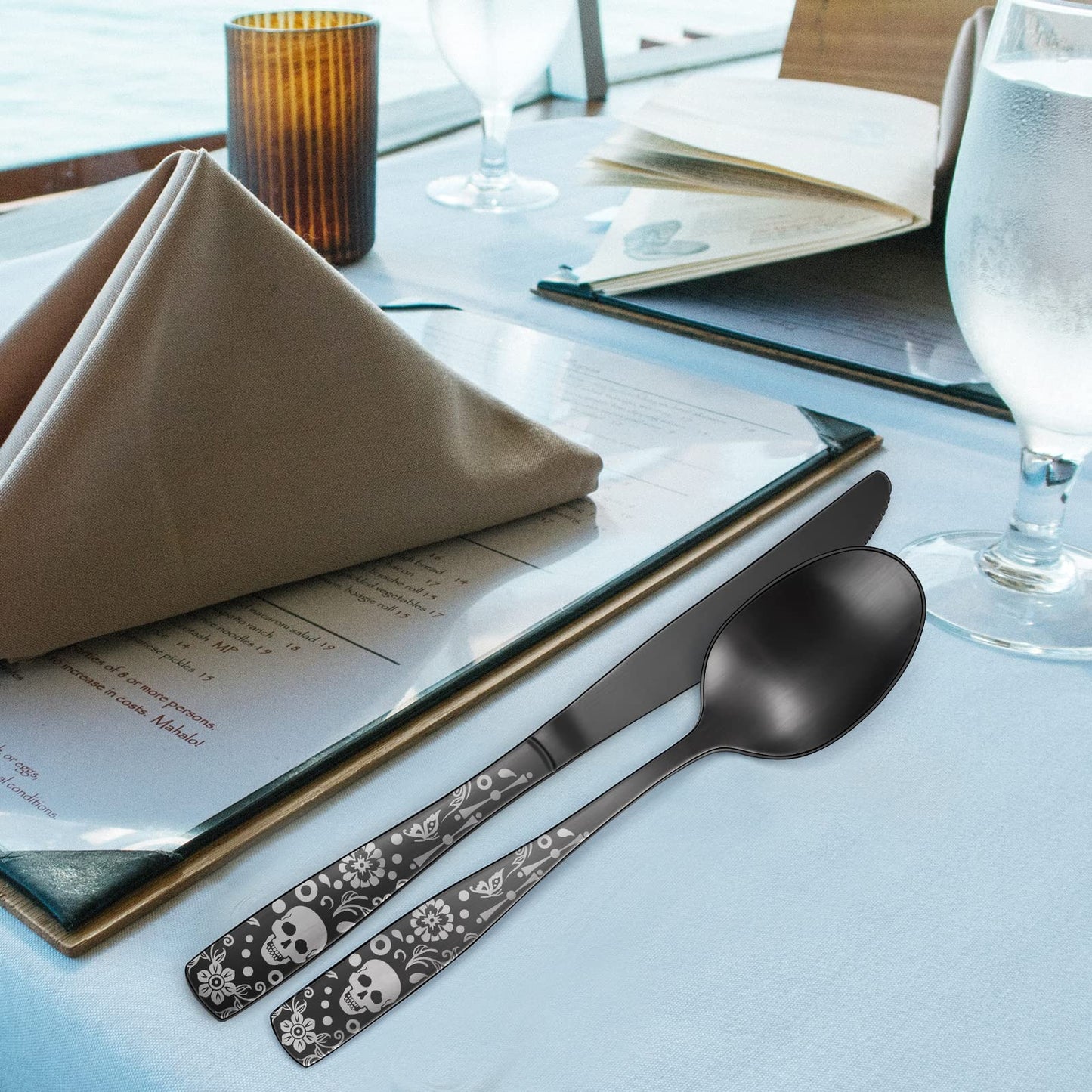 OIULO Pattern Matte Silverware Set for 8,40 Piece Gothic Black Flatware set,Skeleton Flower Bat Unique Pattern Design,Skull Knive Fork Spoon Spooky Utensils Cutlery,Halloween Party Supplies Event Tab