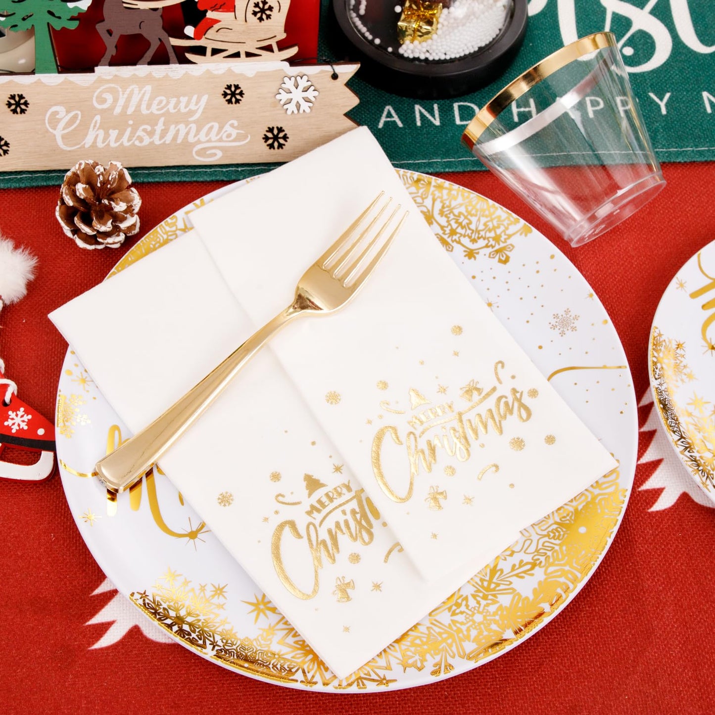 DaYammi 175Pcs Christmas Gold Plastic Dinnerware Set, 50Pcs Heavyduty Disposable Party Plates,Fancy Snowflake Design, 75Pcs Gold Plastic Cutlery,25Pcs 9oz Gold Cups,25Pcs Napkins Perfect for Christmas
