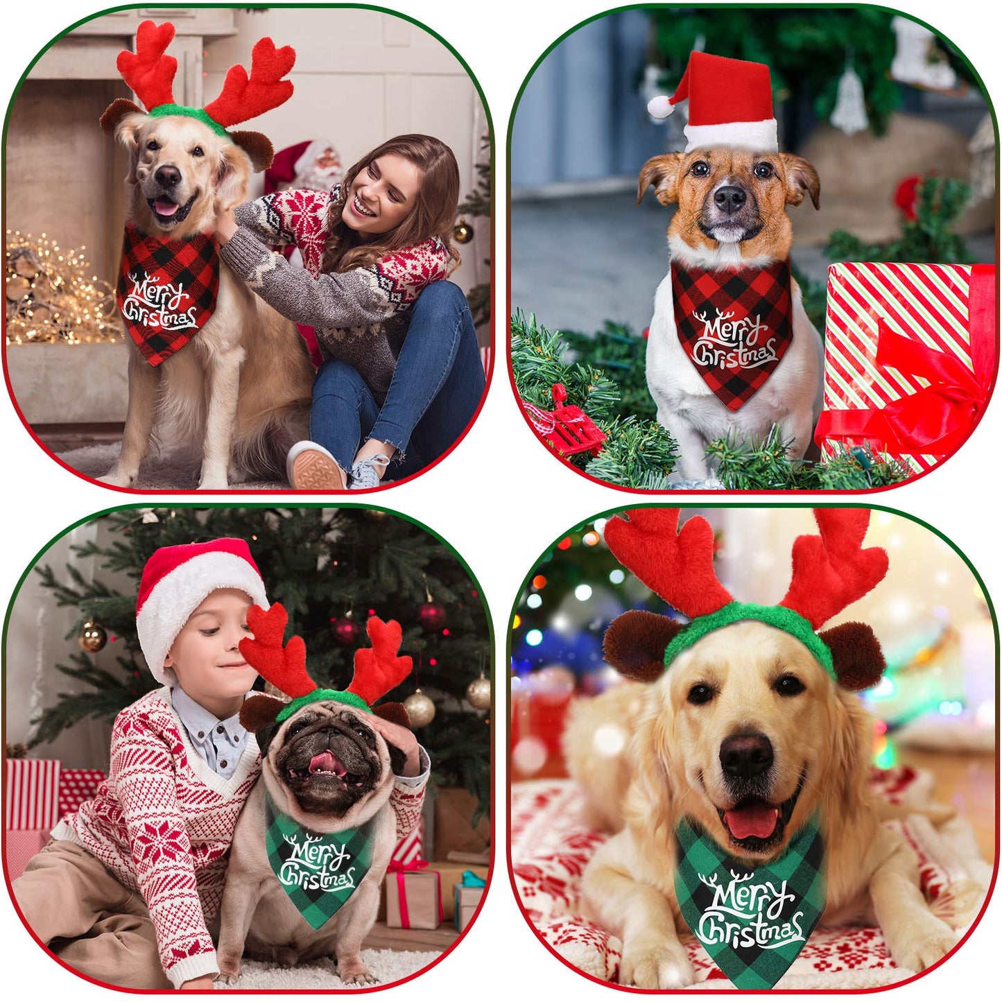 SATINIOR 4 Pcs Adjustable 3D Christmas Dog Santa Hat, Christmas Classic Buffalo Plaid Pets Scarf, Reindeer Antlers Headband with Ears Pet Costume Accessories for Dogs and Cats(Vivid Style)