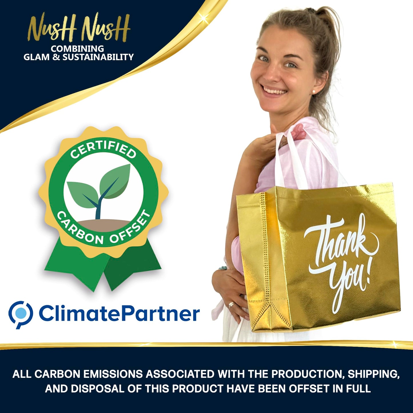 Nush Nush Gold Thank You Gift Bags Large Size – Set of 12 Stylish Gold Thank You Bags With Handles in Bulk - Appreciation Party Favor Bags For Small Business, Gifting Events, Christmas - 13Wx5Dx11H