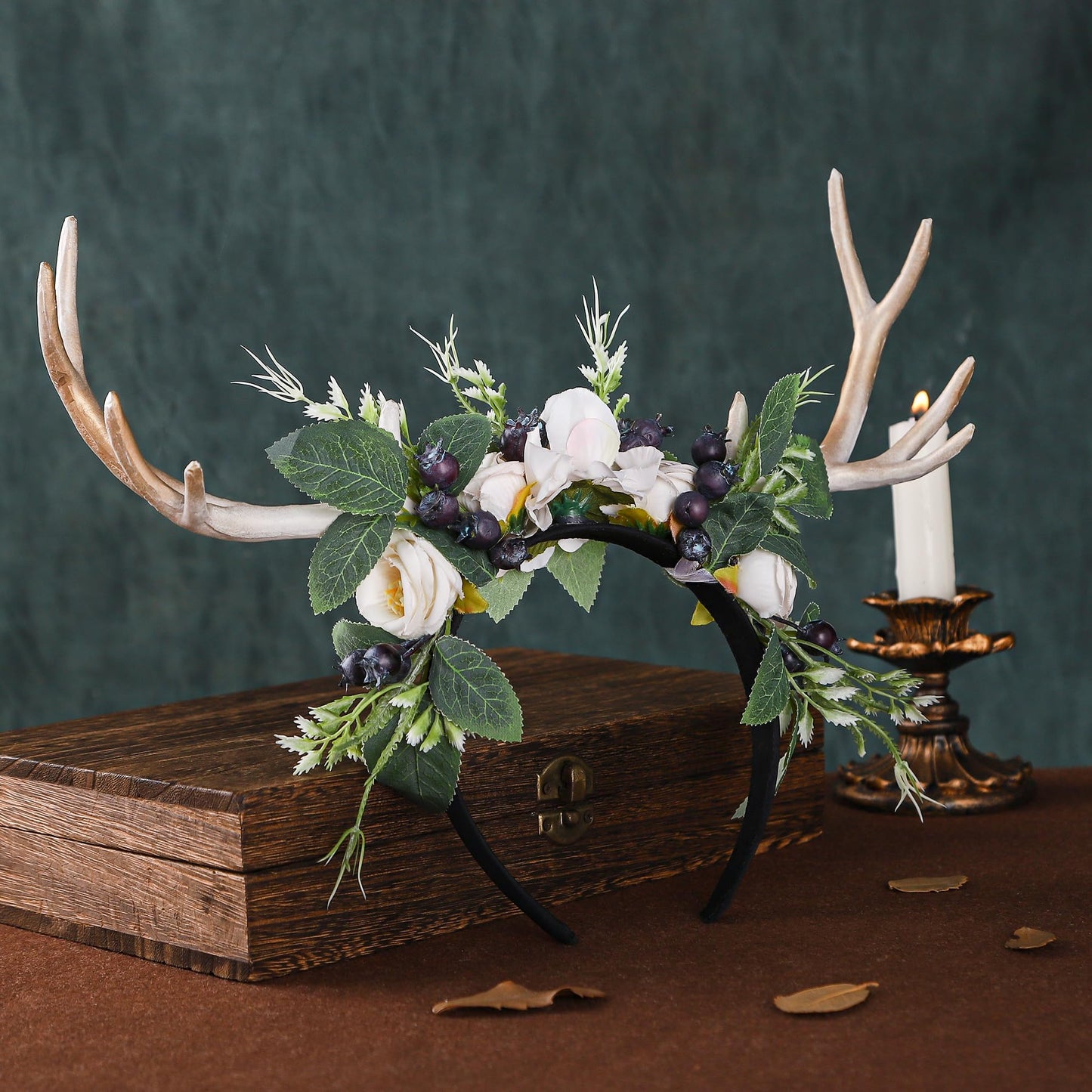 MOSTORY Handmade Deer Horns Headband - Flower Antler Hairband Woodland Reindeer Headpiece with Berries for Prom Renaissance Halloween Cosplay Accessory