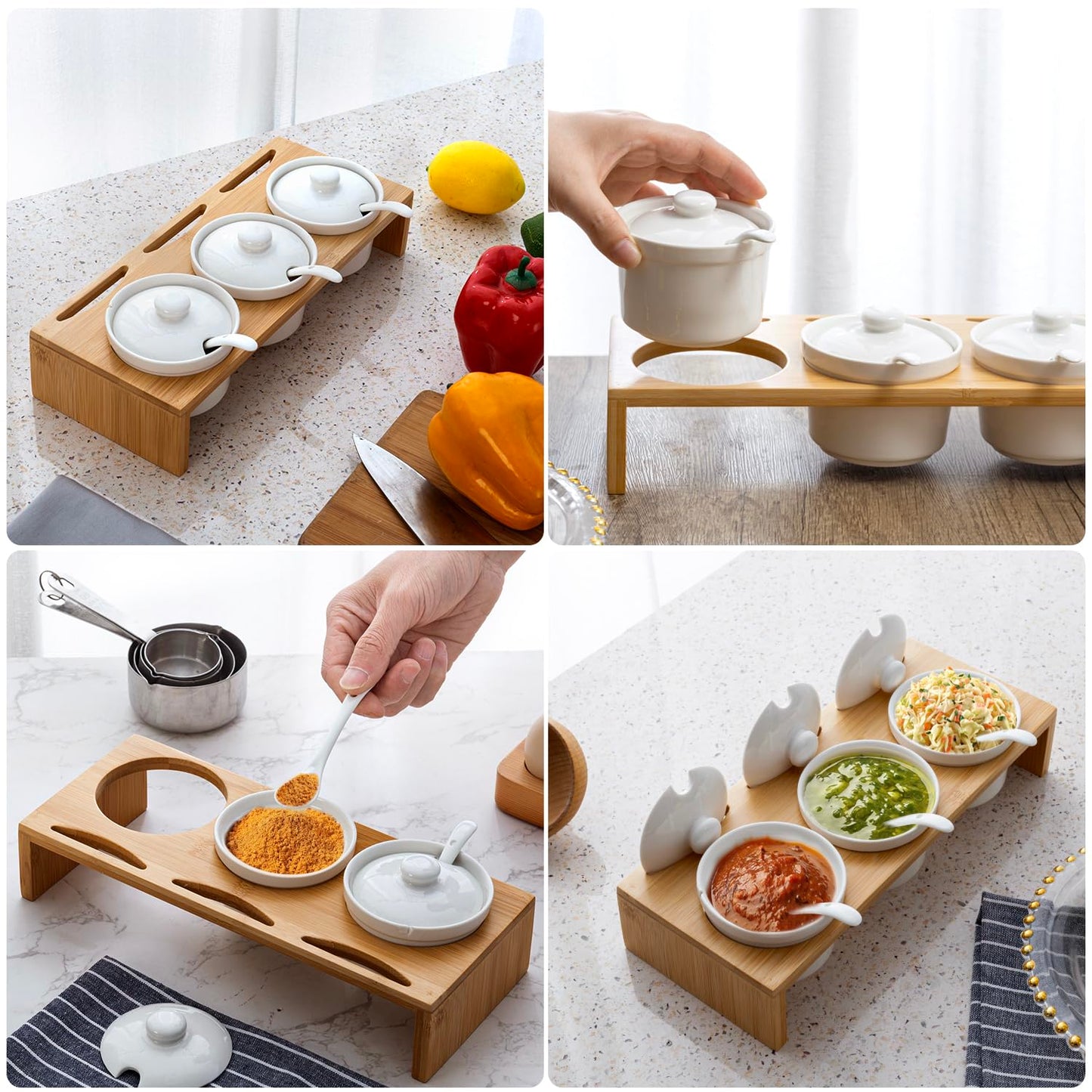 MyGift 10 Piece Condiment Pot Serving Set Includes Premium Solid Bamboo Wood Raised Display Server Tray and 3 Ceramic Ramekin Dip Bowls with Lids and Spoons