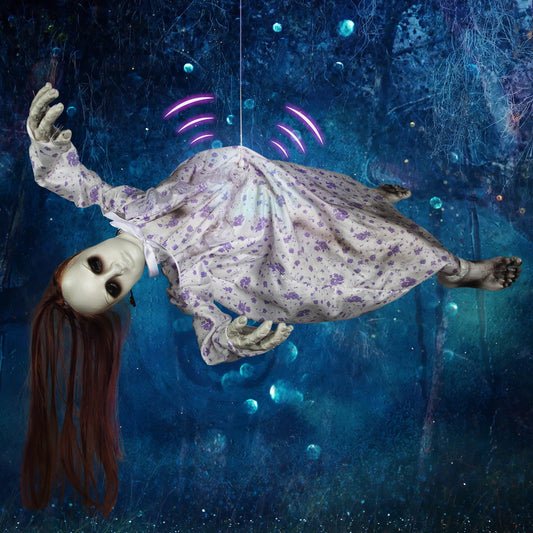 DECORLIFE 29" Halloween Animatronics, Hanging Ghost Girl with Sound Sensor and Glowing Body, Animated Haloween Decorations for Yard Lawn Garden Haunted House Scary Halloween Props