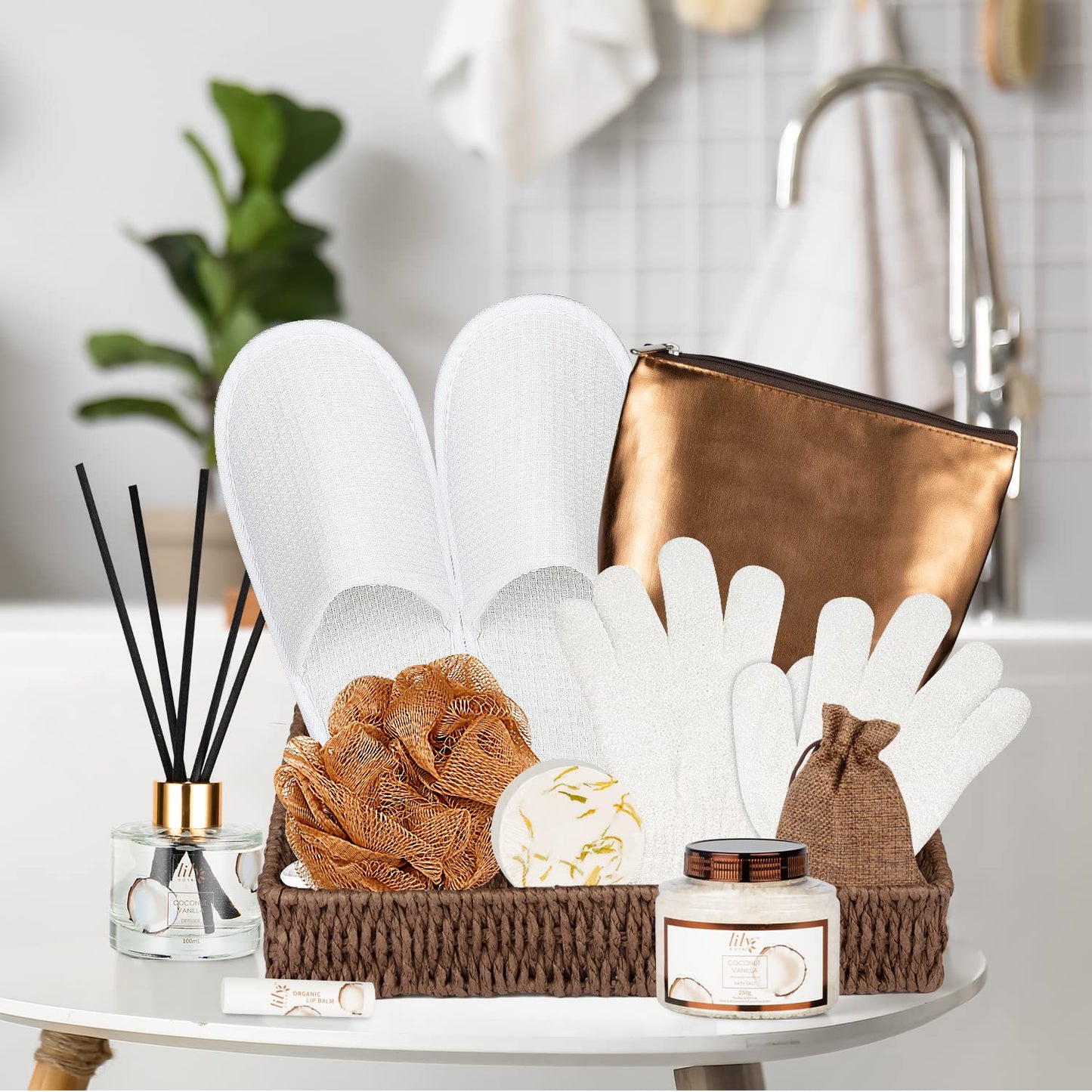 Bath and Body Gift Basket Set for Women - Coconut Vanilla Spa Gift Basket for Women 17-Piece Luxury Bath Gift Set with Shower Gel Self Care Pampering Gifts for Mothers Day, Christmas, Birthday Gifts