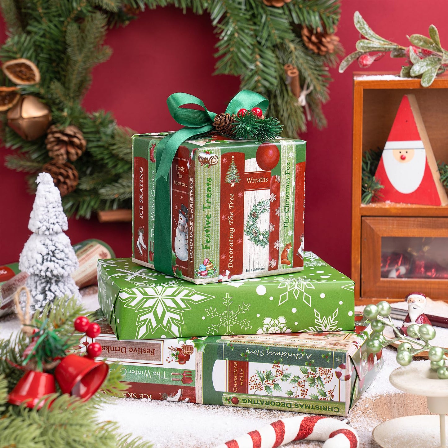 RUSPEPA 30" X 32.8' Reversible Christmas Wrapping Paper Large Paper Roll, Jumbo Roll, Vintage Christmas Bookshelf Design, Green White Snowflake Gift Wrap for Friends, Family, Xmas Holiday Gifts