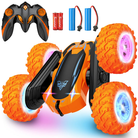 Remote Control Car, 2.4GHz Electric Race Stunt Car, Double Sided 360° Rolling Rotating Rotation, LED Headlights RC 4WD High Speed Off Road Gift for 3 4 5 6 7 8-12 Year Old Boy Toys (Orange)