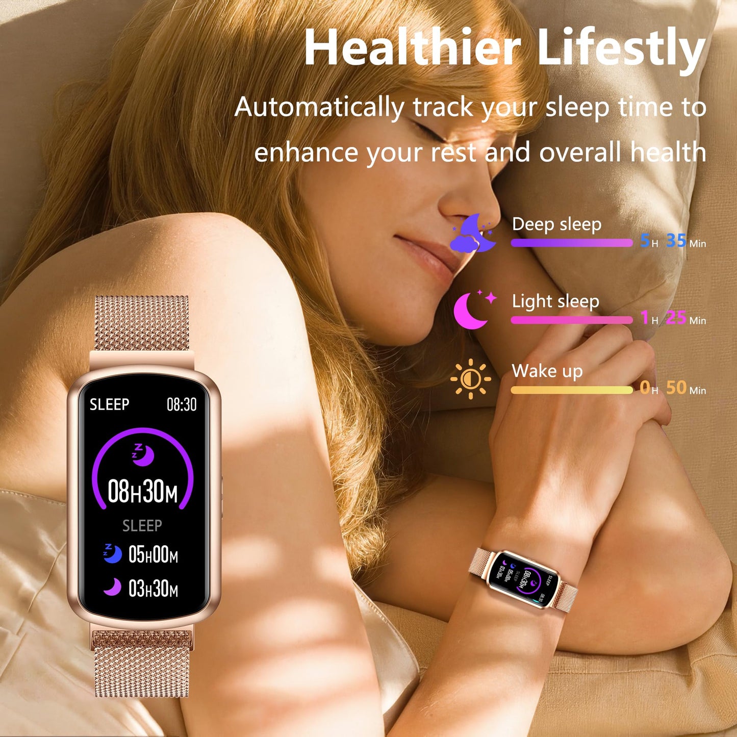 JYUAJOI Health Fitness Tracker, Smart Watch with 24/7 Heart Rate and Blood Pressure Monitor, Activity Tracker with Blood Oxygen, 120 Sport Mode Waterproof Sleep Tracker for Women Men (Pink Gold)