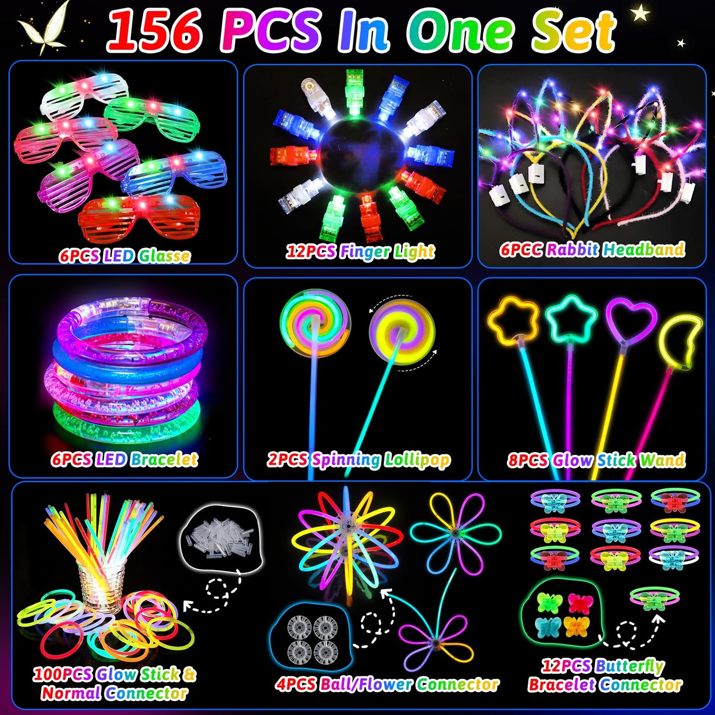 156PCS Glow in The Dark Party Supplies for Kids Adults, Light Up Halloween Party Favor for Kids 4-8 8-12, 100 Glow Sticks Bulk Party Pack DIY Necklaces Rings, LED Glasses Bracelets Neon Party Supplies