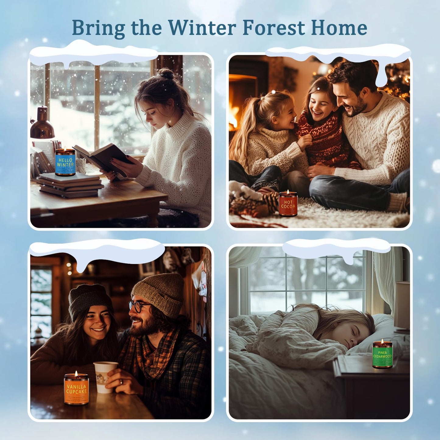 Winter Candle Set | 4 Pack Scented Candles for Home | Holiday Gifts for Women Men | Soy Candles for Home Scented | Christmas Scents of Hello Winter/Pine&Cedarwood/Hot Cocoa/Vanilla Cupcake