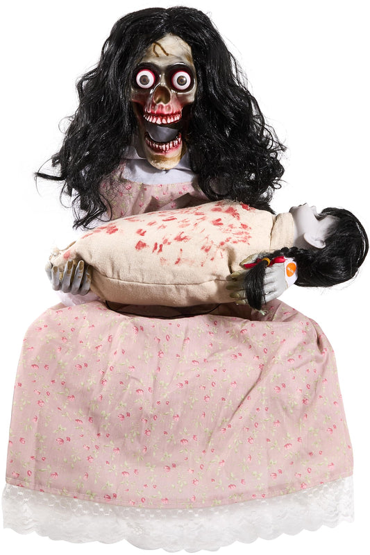 Halloween Animatronics Creepy Sitting Skeleton & Doll Animated Decorations with Sound & Sensor Activated, Sound, Light Up Eyes, Scary Move, Haunted House Holiday Decor Horror Prop for Indoor, Outdoor