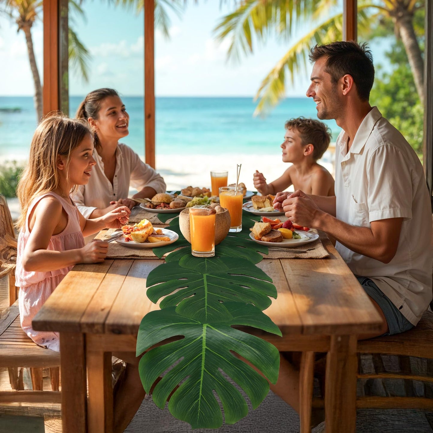 AerWo 6Pcs Artificial Palm Leaves Green Table Runner, Summer Tropical Leaf Table Runners 72 inches Long for Wedding Moana Jungle Safari Tropical Hawaiian Luau Party Decorations