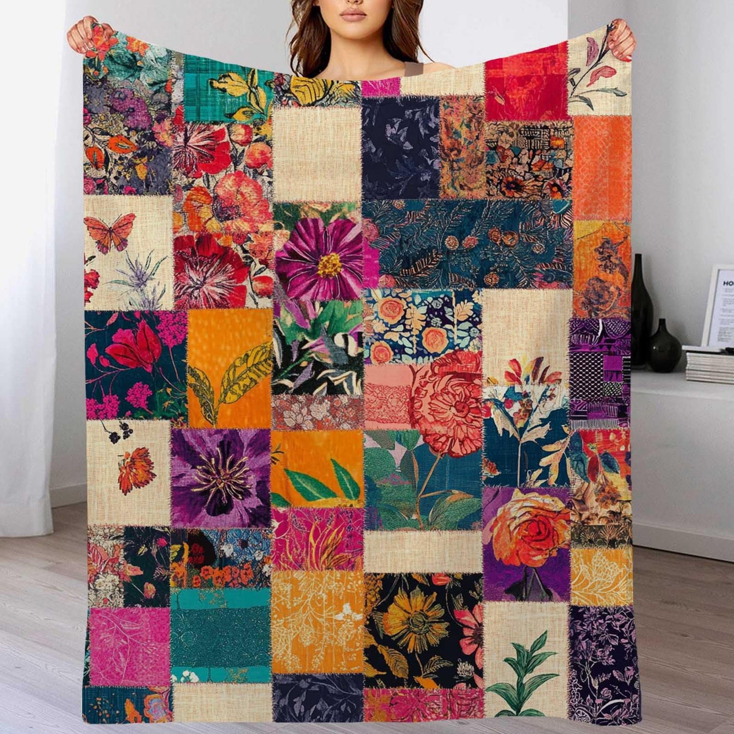 FexNuvko Printed Faux Patchwork Inspired Throw Blanket | Faux Quilt and Kantha Look | Lightweight Floral Fleece for All Seasons | Gifts for Women and Men | Home Decor for Couch and Bed | 50x60 Inches