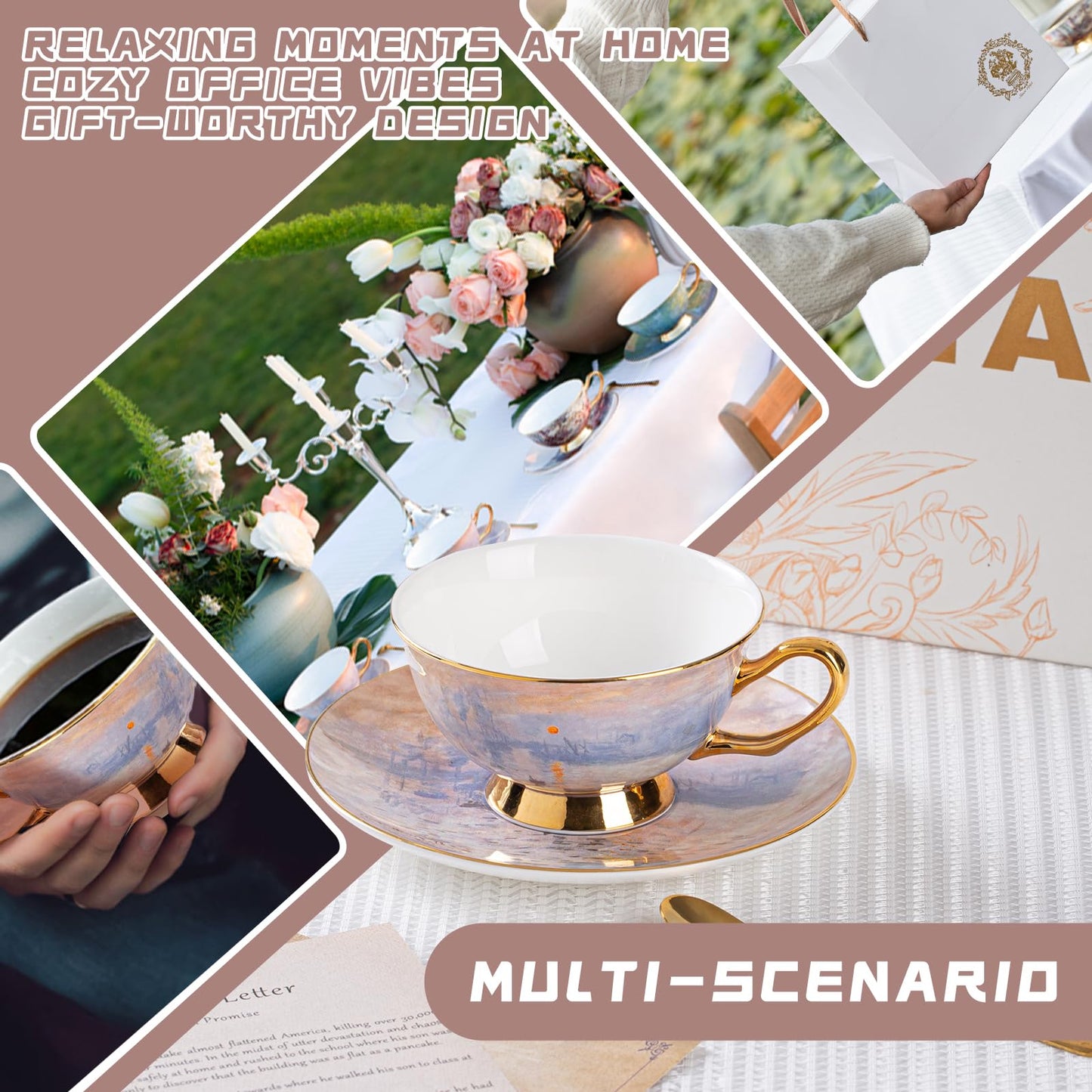 ANYA Coffee Cup Bone China Coffee & Tea Cup and Saucer Set with Spoon and Gift Box, Porcelain Cappuccino Cup, Ideal for Tea Parties, Single Set(7.4 oz) (Sunrise)