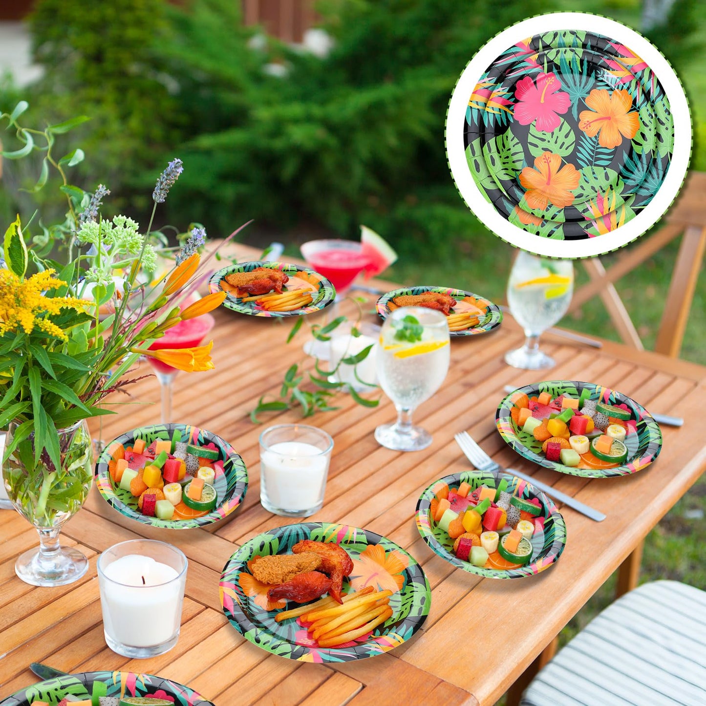Honoson 100 Pcs Tropical Nights Paper Plates Hawaiian Party Supplies 7 Inch 9 Inch Disposable Luau Party Paper Plates for Summer Holiday Beach Bbqs Pool Tableware Supplies