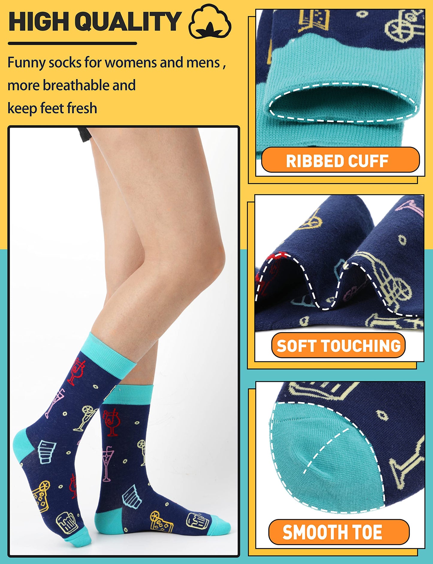 Funny Socks for Women Men Fun Cozy Crazy Cute Novelty Gifts for Father Men dad husband Breathable Cotton Boot Socks Stocking Stuffers（ Food A（12 Pairs）,L)