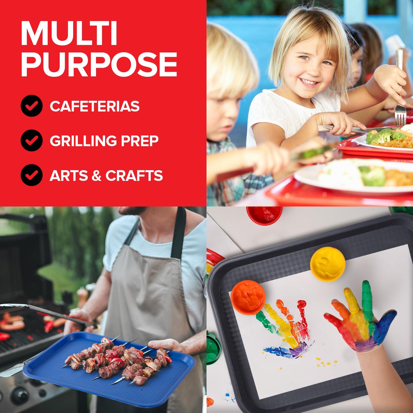 Stock Your Home Large Plastic Serving Trays for Fast Food (Set of 6) 16” x 12” Multicolor Cafeteria Tray for Lunch, Restaurant, Café, Craft Service Carts