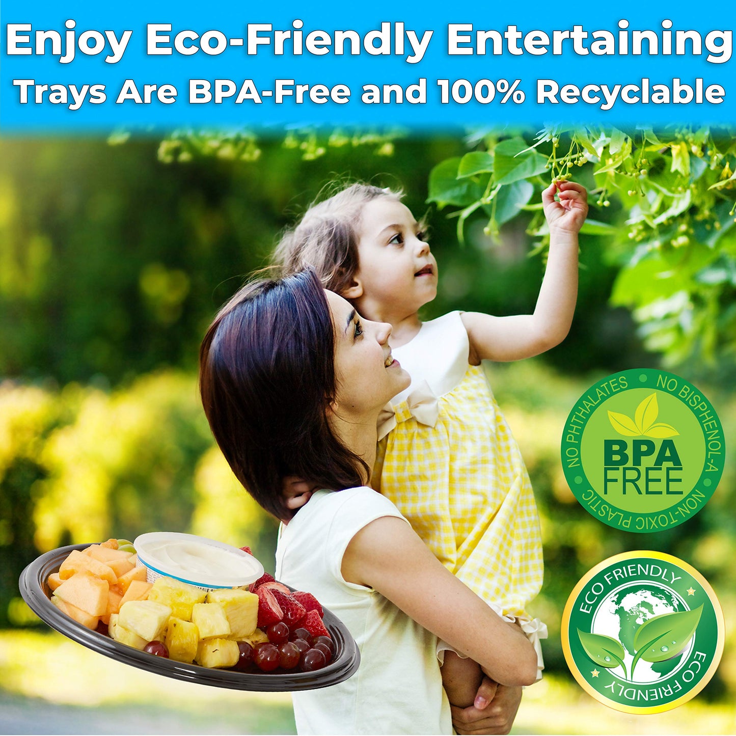 Avant Grub Heavy Duty, Recyclable 12 in. Serving Tray and Lid 3pk. Large, Black Plastic Party Platters with Clear Lids Dishware Plate, Elegant Round Banquet or Catering Trays for Serving Appetizers