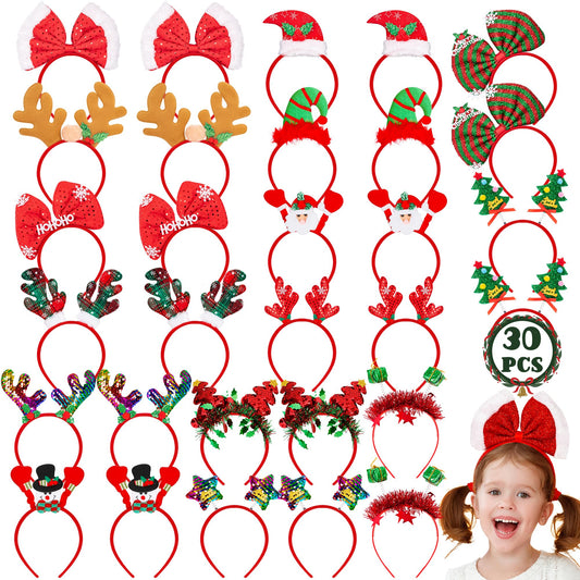 HOVACY 30 PCS Christmas Headbands, 15 Styles Christmas Headwear, Reindeer Antler Headbands, Santa Claus Xmas Tree Headpieces, Party Supplies, Christmas Decor for Womens Kids Adult