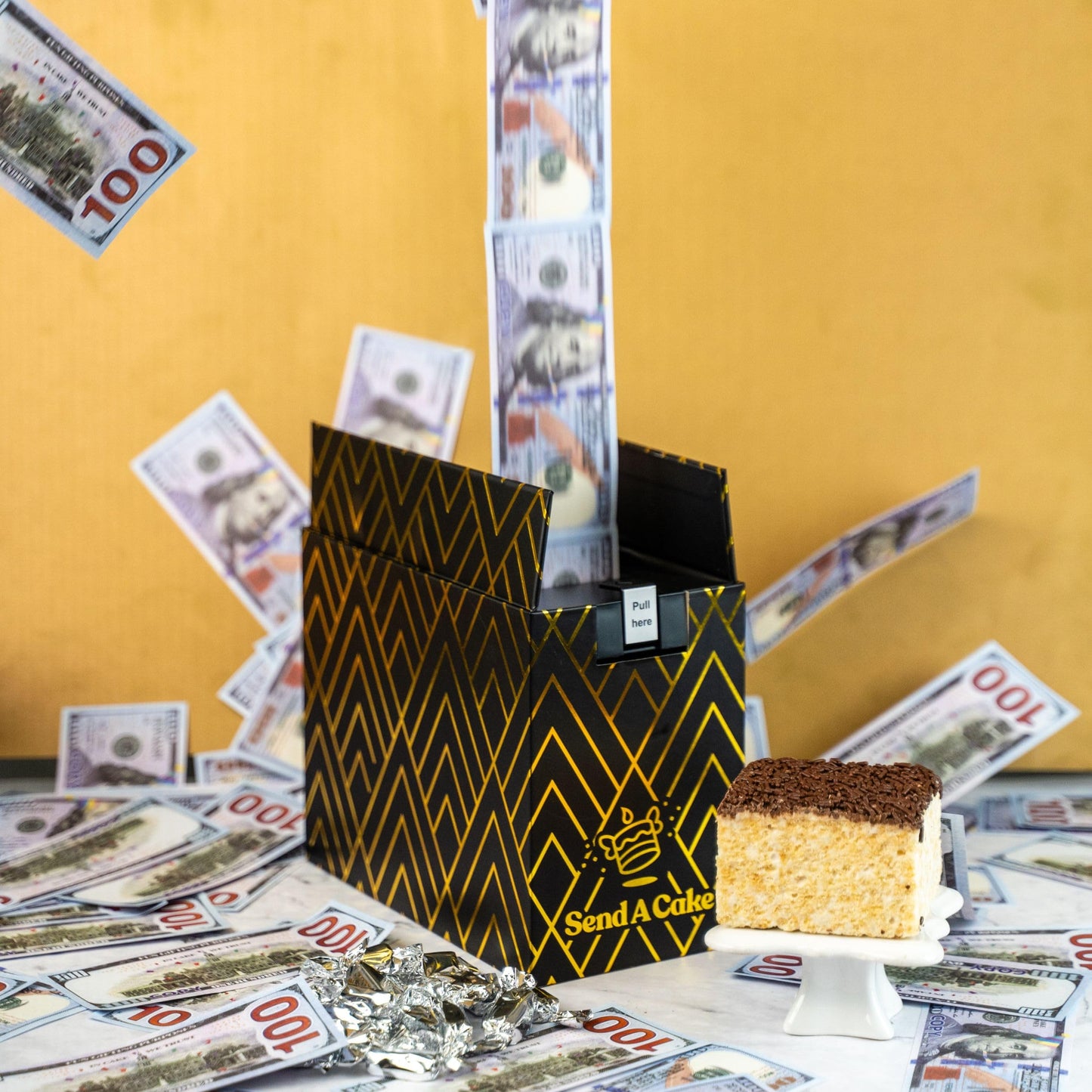 Luxe Billionaire Box featuring Shooting Birthday Bills. Ready to Gift, No Assembly Required with Music, Sweet Caramels & Delicious 3" Chocolate Sprinkle Crispy Cake for Delivery – Birthday Gift for Women, Men, Sister, Mom, Dad, Best Friend, Adults, Kids