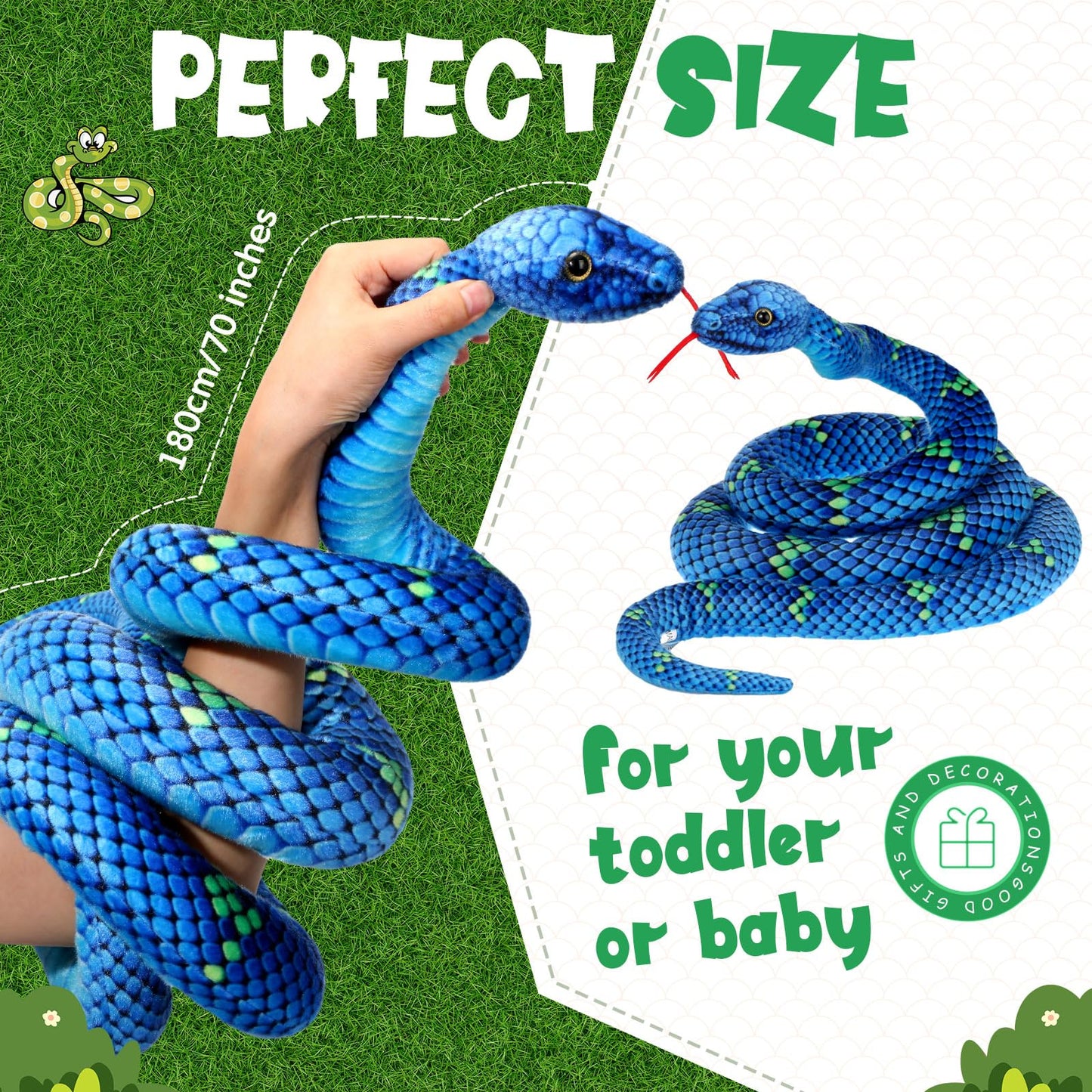 Hiboom Giant Snake Plush 71 Inch Large Stuffed Animal Realistic Stuffed Lifelike Snake Toy Gifts for Birthday Party Decoration Halloween Carnival Prank Props (Teal)