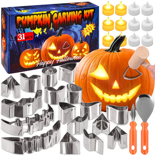 31PCS Pumpkin Carving Kit for Kids - Pumpkin Carving Tools Included Stainless Stencils with LED Candle Lights Halloween Decorations (Mallet Not Included)