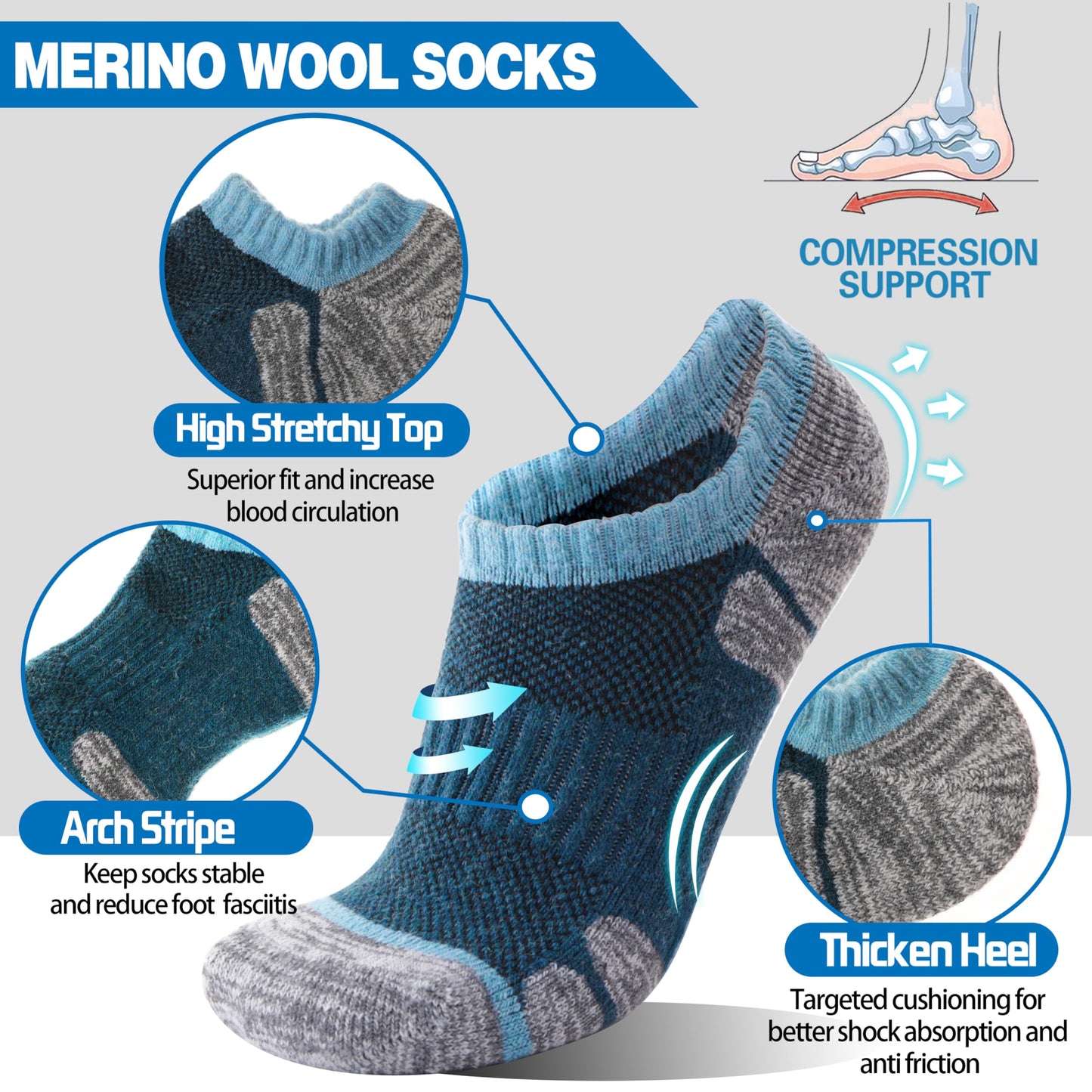 Merino Wool Hiking No Show Running Socks Thick Warm Low Cut Ankle Thermal Athletic Gift Socks for Women Men 6 Pairs Stocking Stuffers (Assorted,M)