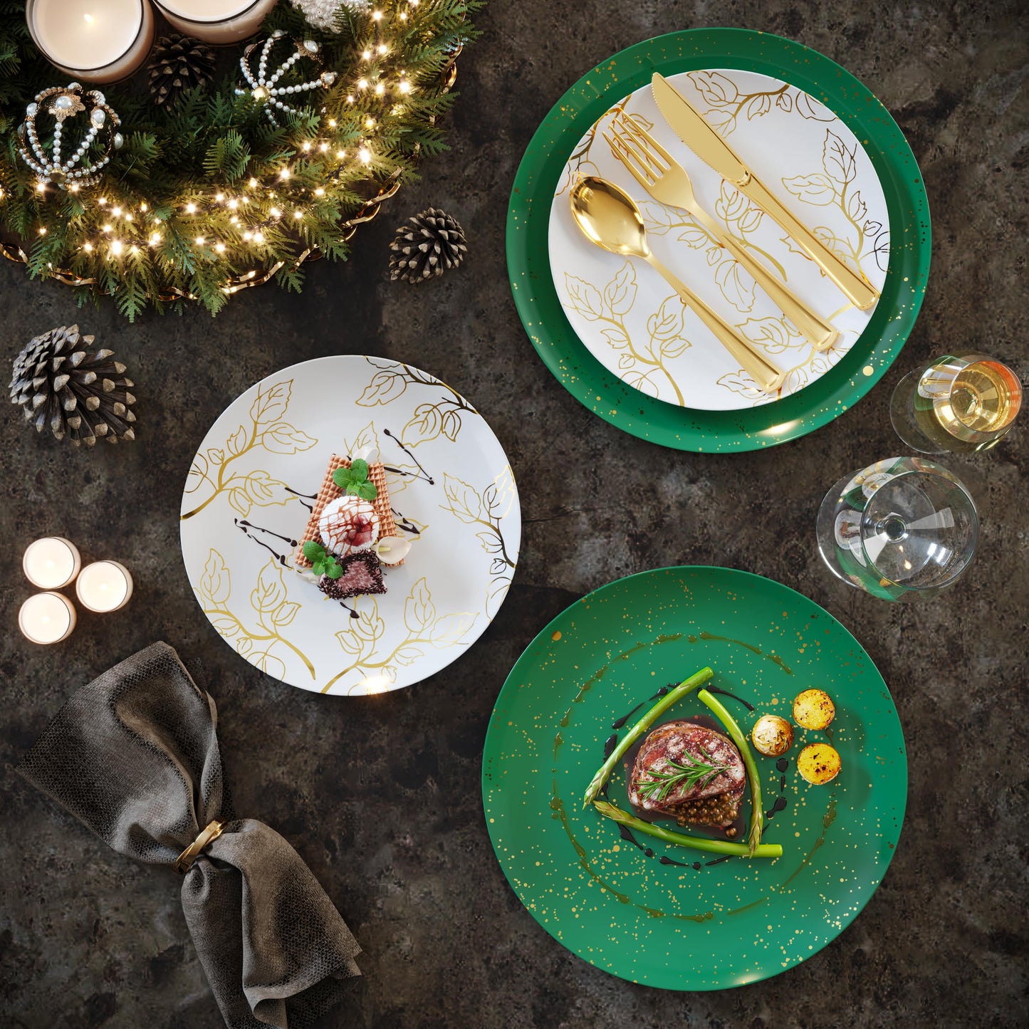 Trendables Christmas Plates Disposable Heavy Duty 40 Pcs Christmas Dinnerware Set Green Plates Disposable Includes 20 10" Green Dinner Plate & 20 8" Dessert Plate For Holiday And Party Supplies