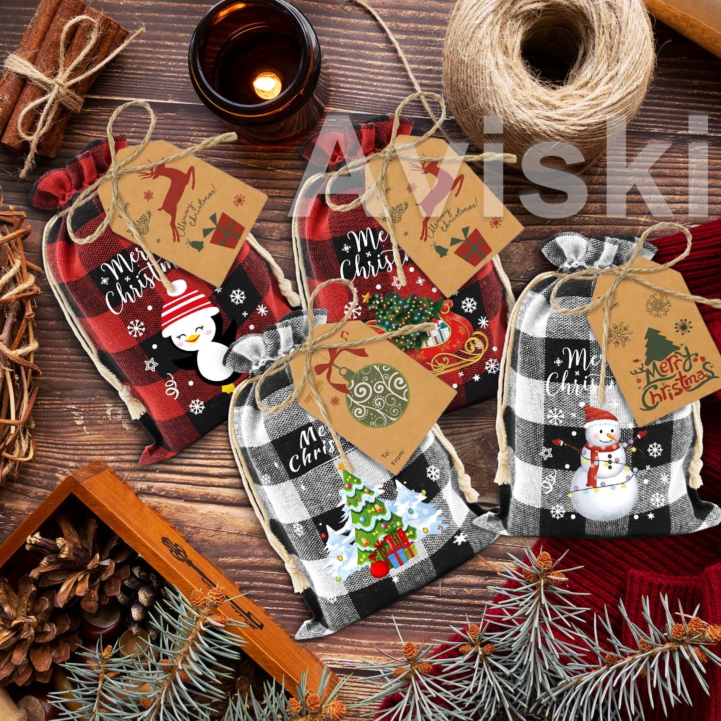 Aviski 72PCS Cotton Medium Christmas Drawstring Candy Treat Bags Buffalo Plaid Xmas Xmas Christmas Fabric Goody Gift Sacks Reusable Gift Wrapping Bags Holiday Party Favors - Red/White