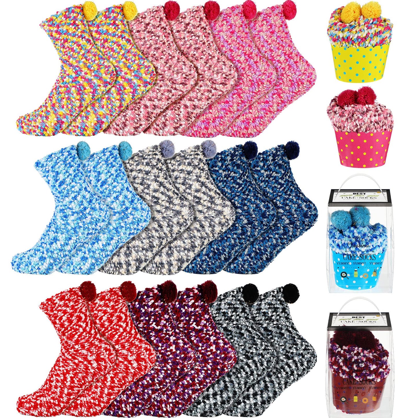 Hicarer 9 Pairs Valentine Cupcake Socks Gift for Women Girl Stocking Stuffers Christmas Gifts Fuzzy Fluffy Sock