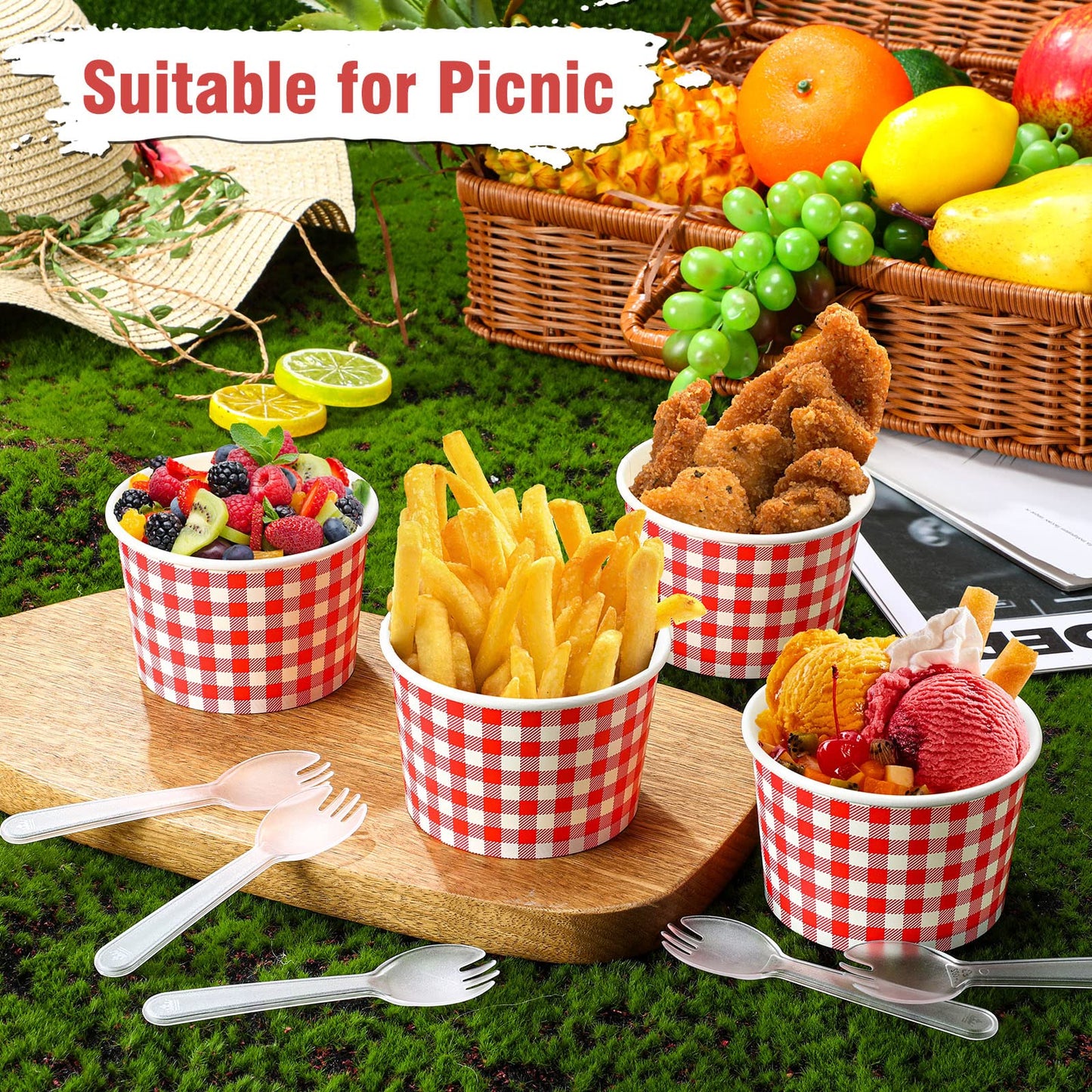 Tessco 100 Pack 12oz Ice Cream Cups Gingham Snack Bowls Party Supplies Gingham Bowls for Hot Soup Snacks Fruits(Red)