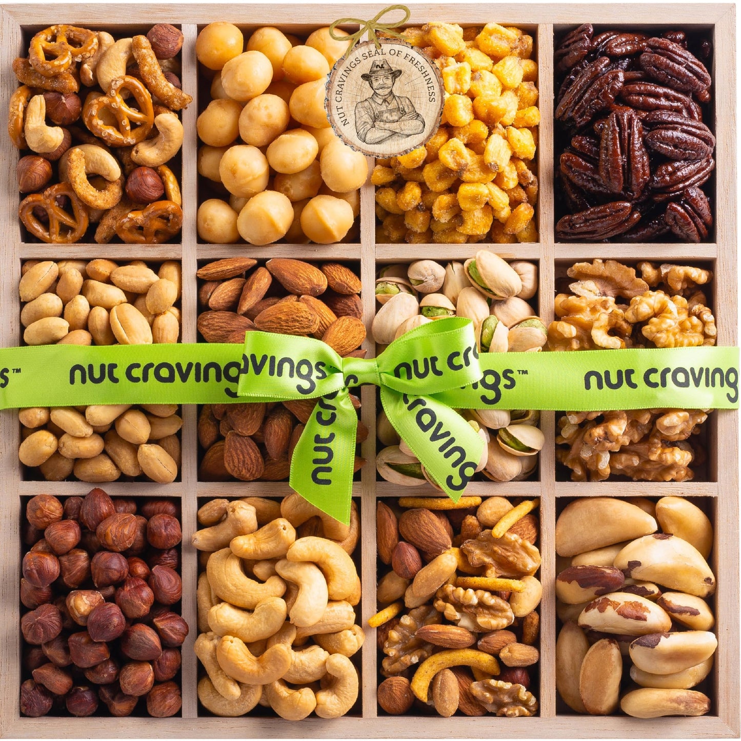 NUT CRAVINGS - Mixed Nuts Gift Basket in Reusable Wooden Tray + Green Ribbon (12 Assortments) Food Arrangement, Healthy Snack Care Package, Food Assortments