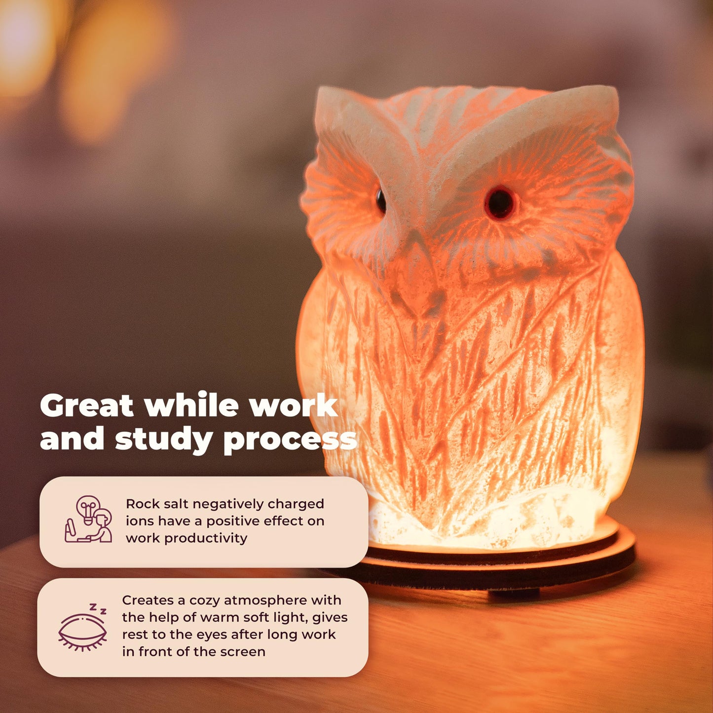 Owl Crystal Salt Lamp H 6.7”, 4.4 lbs - Pure Natural Rock Salt – Unique Night Light Lamp - 1 Light Bulb as a Gift - Wooden Present Box - Holiday Gift Ideas - Cool Room Décor