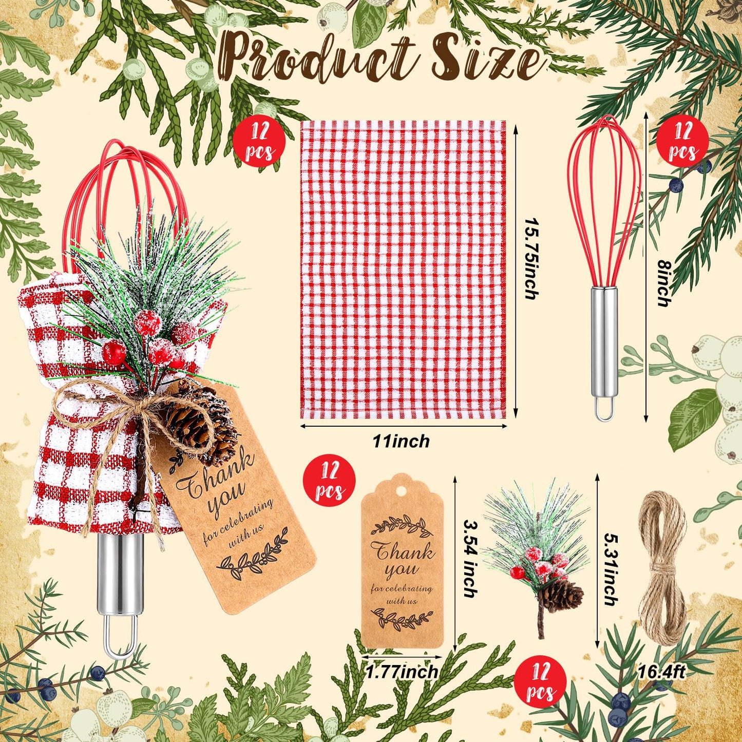 FoldTier 12 Sets Christmas Whisk Baking Supplies Gifts Sets Include Stainless Steel Whisk, Greeting Card, Snowfall Pine Branches, Plaid Towel, Rope for Xmas Neighbor Employee Stocking Stuffers Cooking