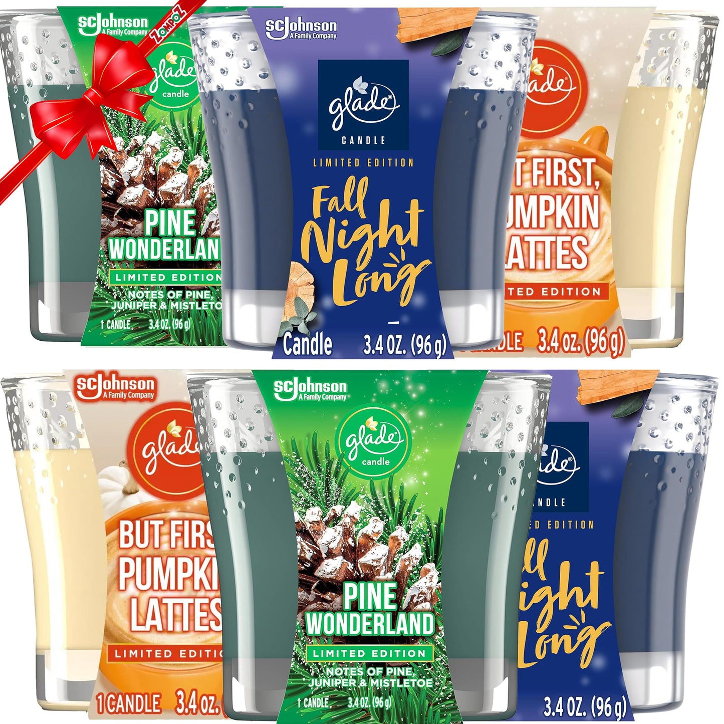 Holiday Christmas Scented Candles, 6 Assorted Seasonal Air Freshener Candle Jars, Fall Night, Pine Wonderland, Pumpkin Latte Scents, 3.4 Oz Each