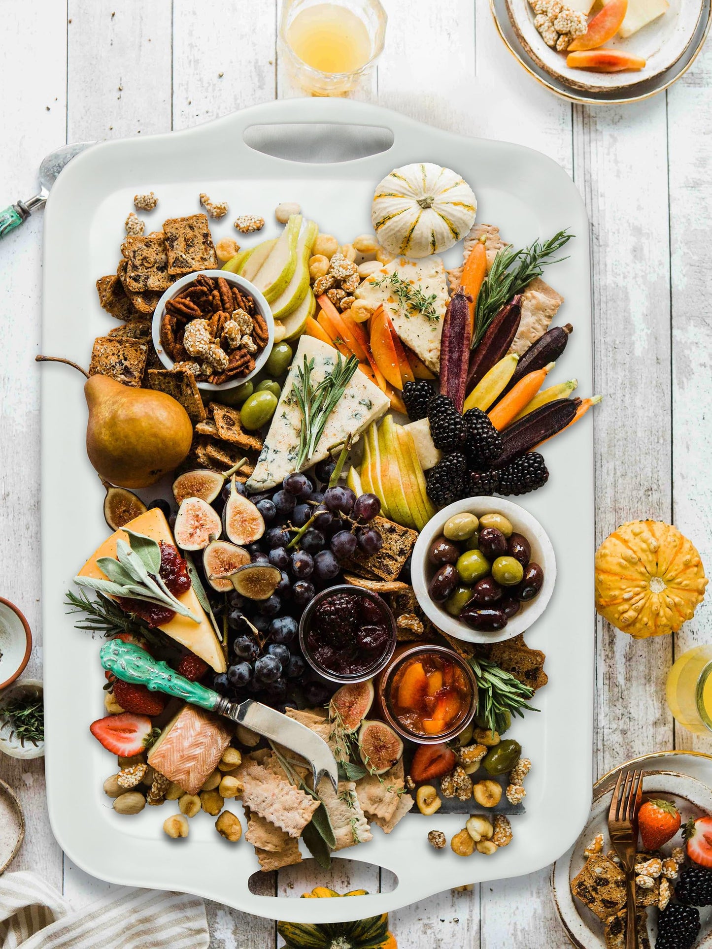 ECOIOU Extra Large Serving Tray with Handles, 20x13 inch, Set of 2 Melamine Platters for Serving Food, Turkey, Cookie, Rectangular Trays for Eating, Raised Dots Matt Finished, Dishwasher Safe, White