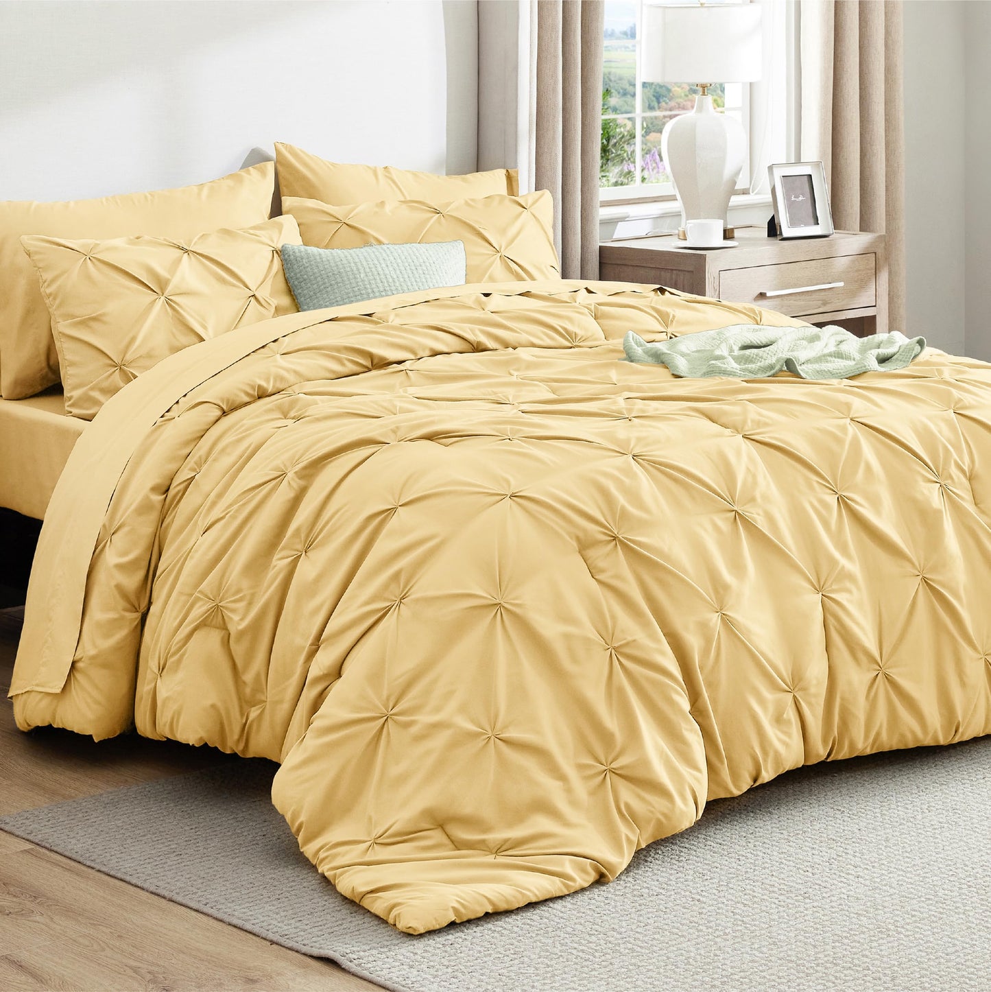 Bedsure Queen Comforter Set Yellow - Bed in a Bag Queen 7 Pieces, Pintuck Bedding Sets Gift for Christmas, Pinch Pleat Bed Set with Queen Size Comforter, Sheets, Pillowcases & Shams