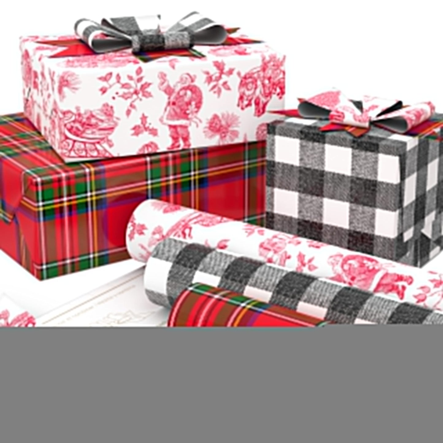 Hallmark Holiday Plaid Wrapping Paper with Cutlines and Optional DIY Bow Templates on Reverse (3-Pack: 120 Sq. Ft. Ttl) Red Toile, Black Buffalo Check, Plaid for Christmas, Birthdays, Weddings, Crafts