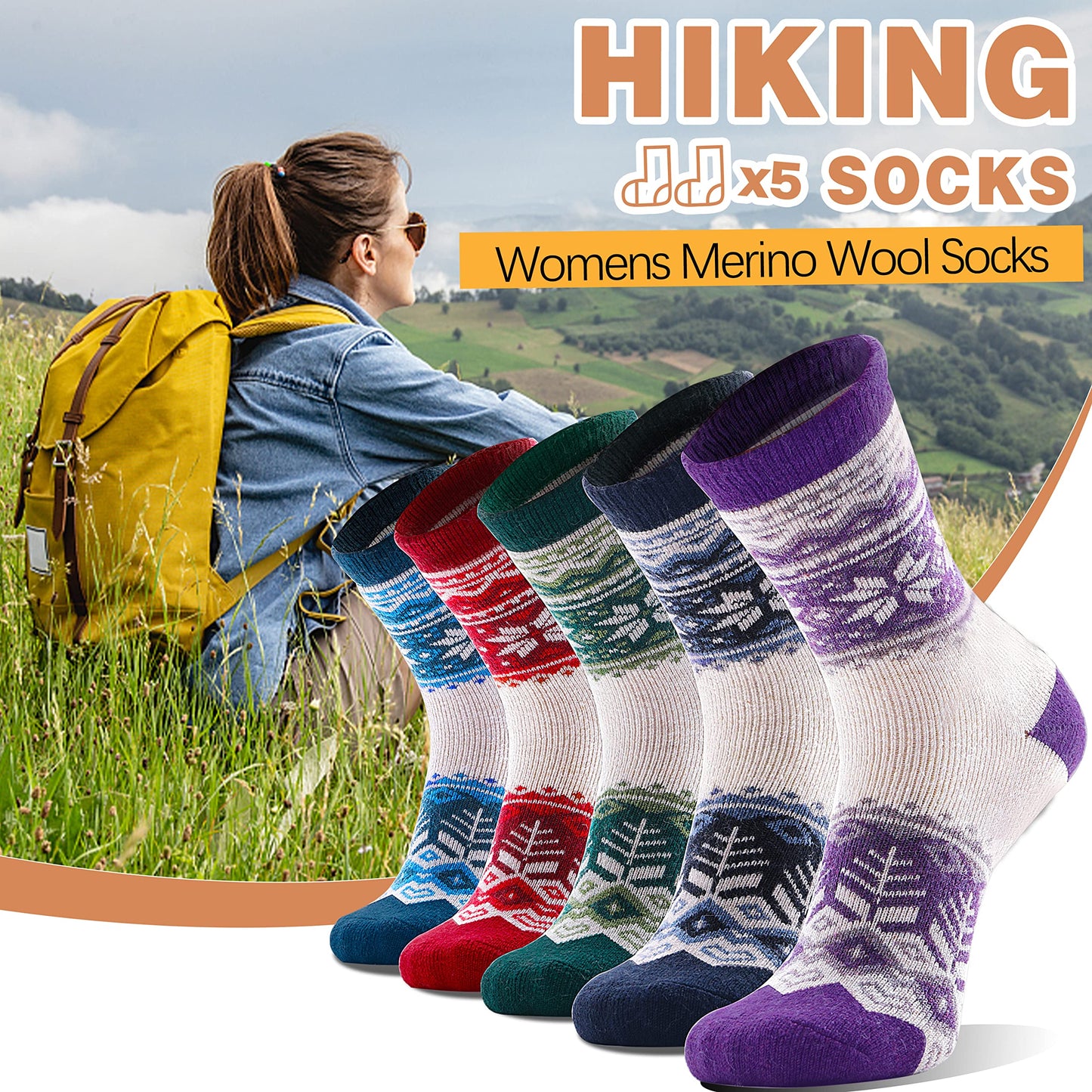 ANTSANG Merino Wool Socks for Women Hiking Warm Thick Thermal Winter Boot Comfy Crew Cozy Cabin Heavy Work Snow Soft Ladies Socks 5 Pairs Christmas Stocking Stuffer White Elephant Gifts (Snowflake A)