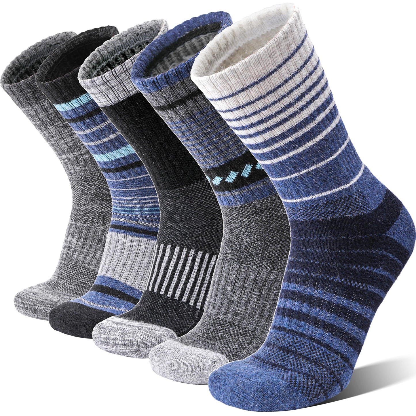 Merino Wool Socks for Men Thermal Winter Warm Hiking Cozy Crew Work Gift Socks Stocking Stuffers 5 Pairs(Blue,L)