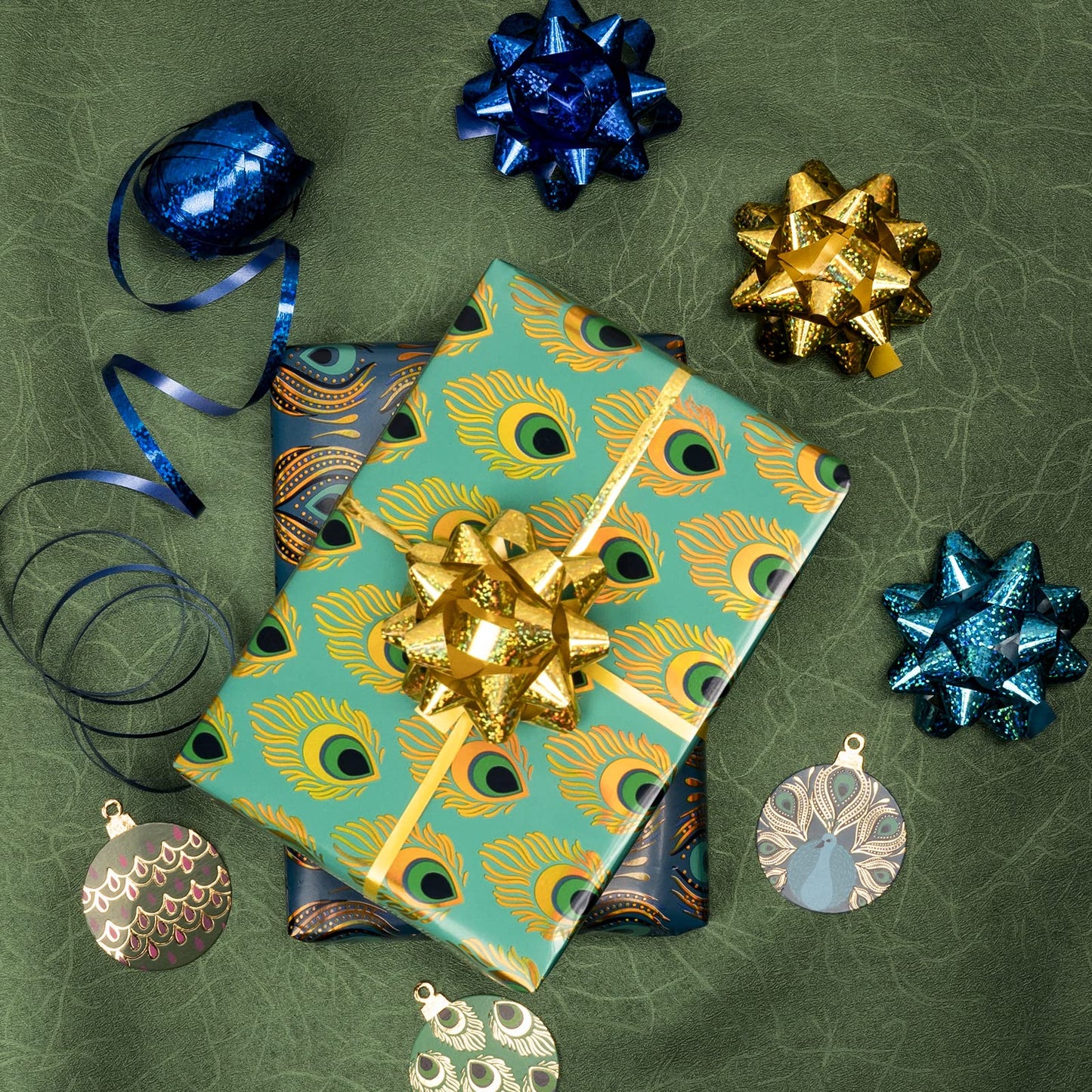 WRAPAHOLIC Peacock Christmas Wrapping Paper Set - Green Peacock Elements Patterns with Metallic Foil Shine Wrapping Paper Bundle with Gift Bow & Ribbon & Tag & Sticker