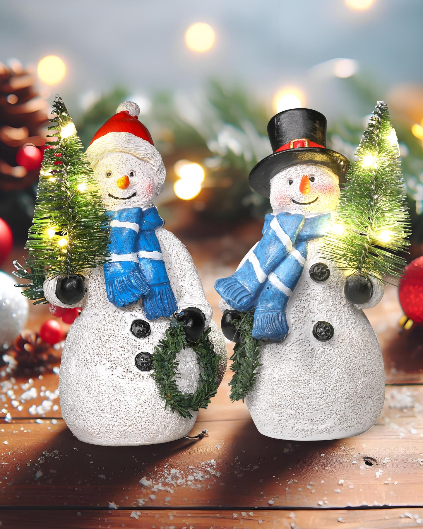 GoGnome Duo 5'' Resin Snowman Figurines with Lighted Christmas Tree Wreath - Christmas Decorations Indoor Snowman Decor Ornaments Centerpiece - Winter Holiday (Snowmen)