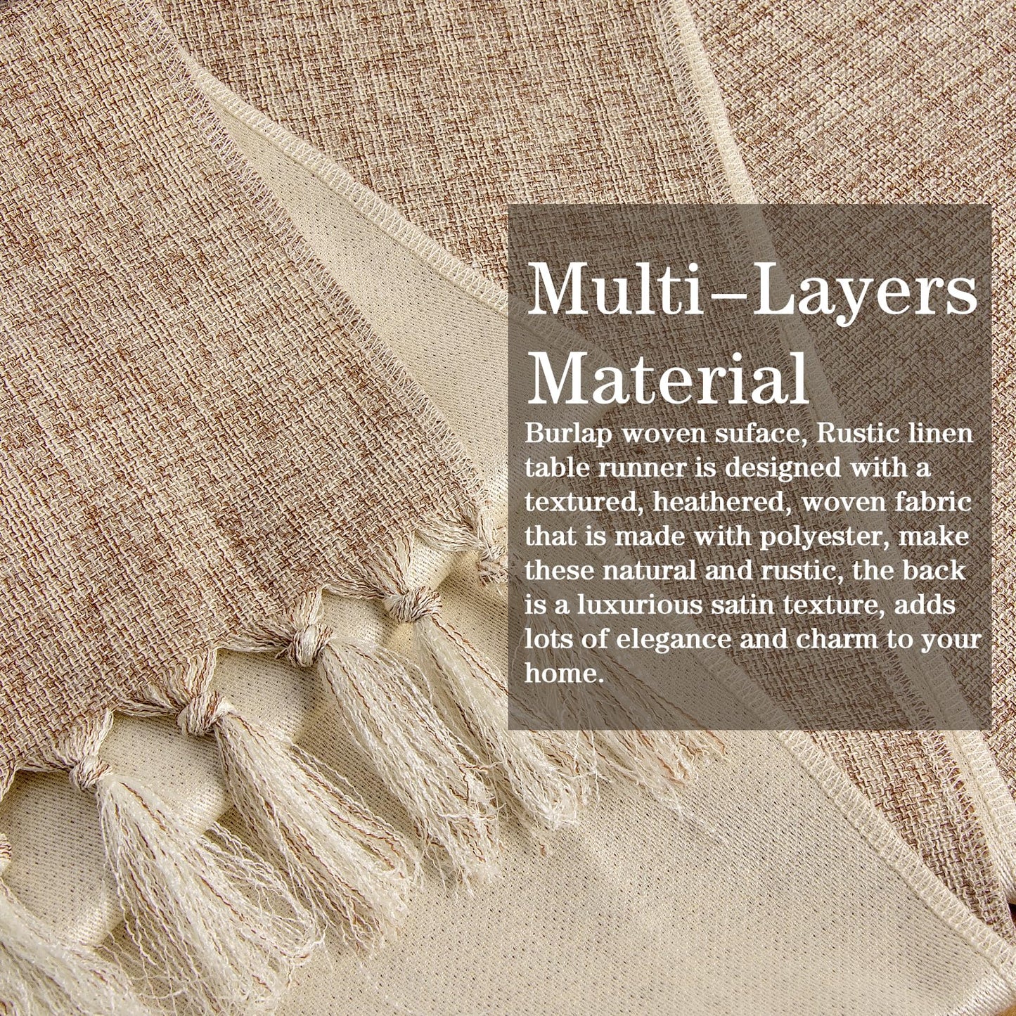 yuboo Boho Table Runner 108 inches Long, Rustic Farmhouse Dresser Runners for Bedroom, Dining Table, Summer Table Decor, Bridal Shower, Burlap Linen Table Runner (15x108 Tassels Included)