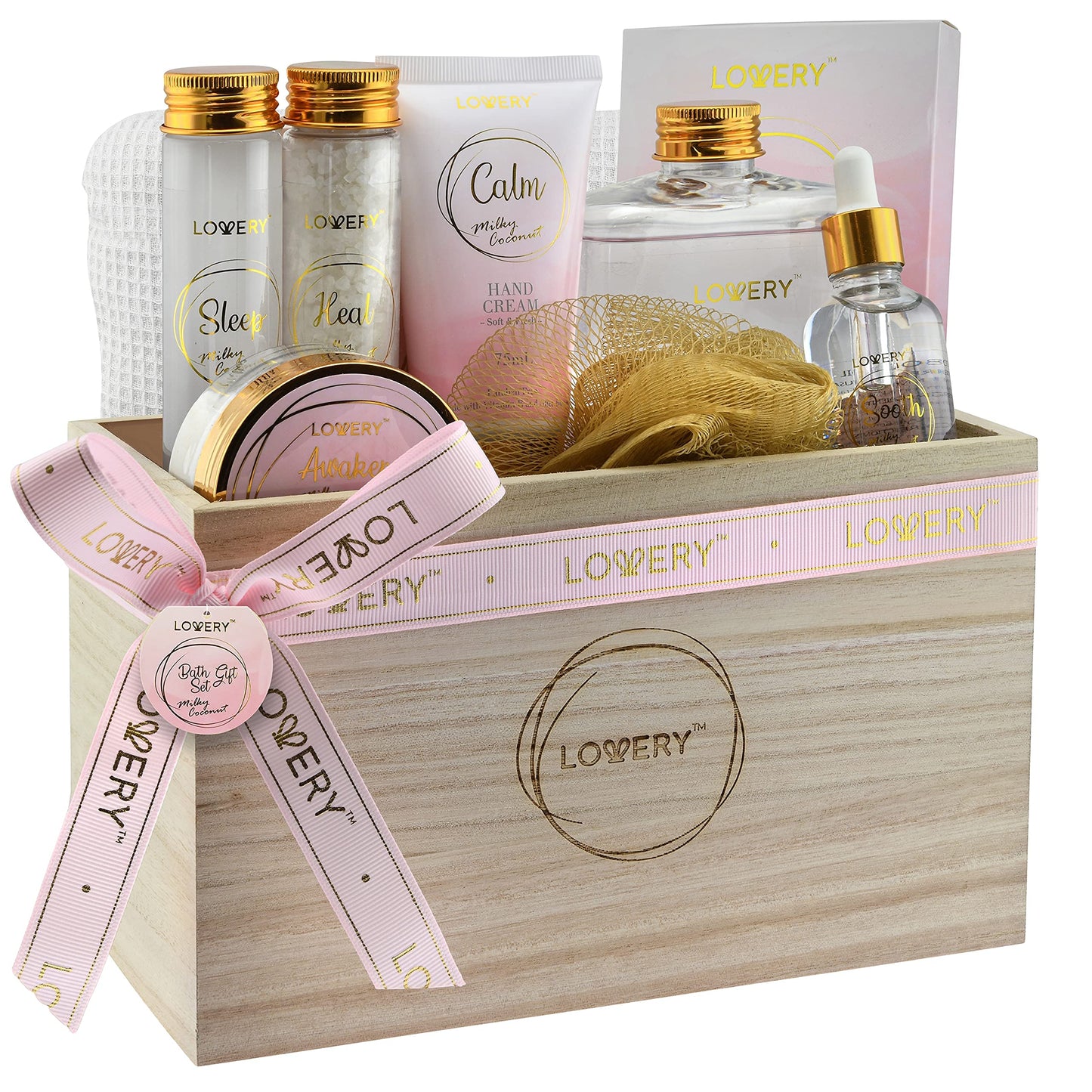 Luxury Bath Gift Set - Home Spa Gift Basket with Milky Coconut Scent, Vitamin E & Shea Butter with Shower Gel, Bath Salt & Crystals, Body Scrub, Hand Cream, Body Oil, Bath Pillow, Wooden Crate & More
