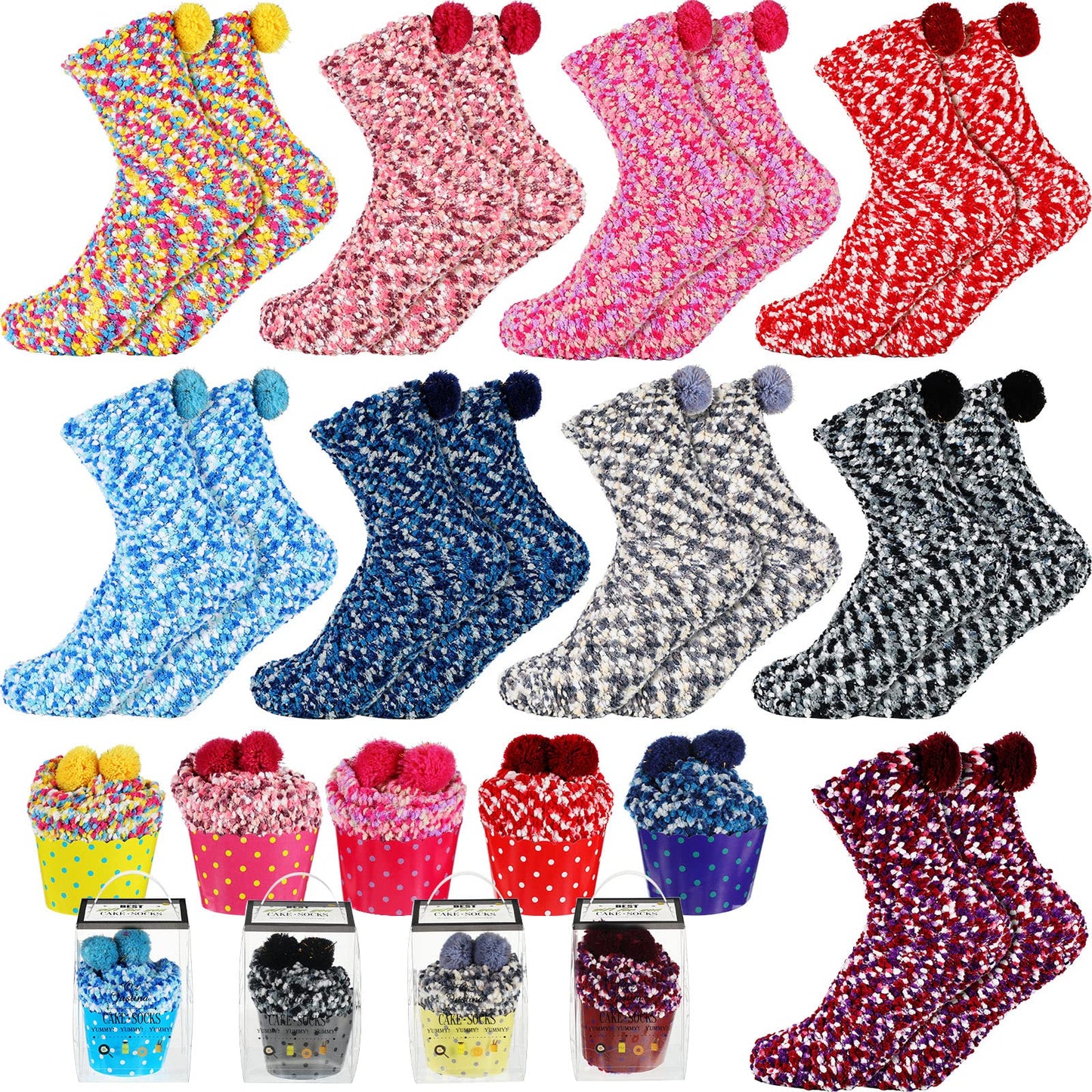 Hicarer 9 Pairs Valentine Cupcake Socks Gift for Women Girl Stocking Stuffers Christmas Gifts Fuzzy Fluffy Sock